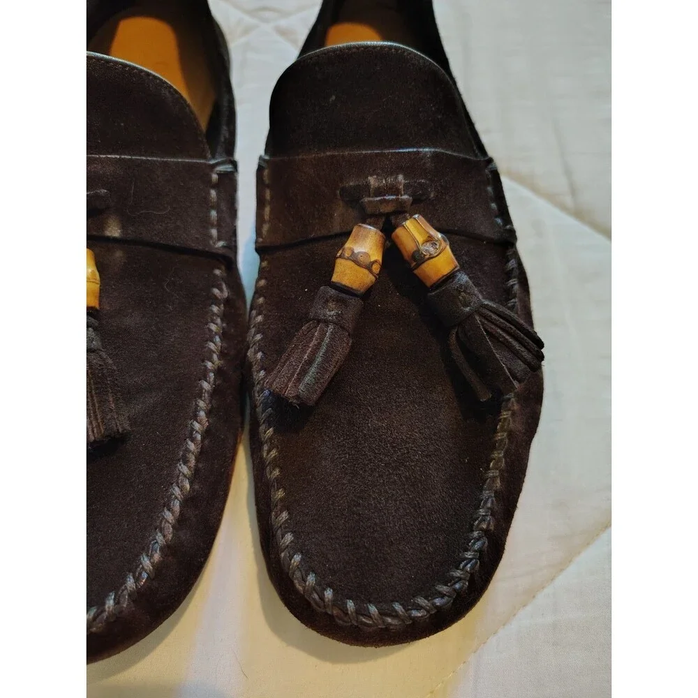 GUCCI Dark Brown Suede Bamboo Tassel Drivers Loafers Mens Size 7.5 D Made in...